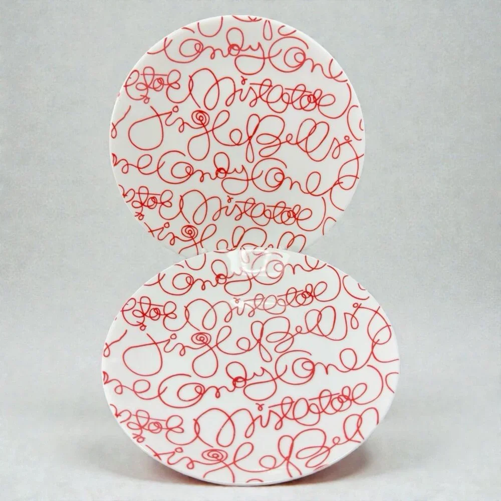 Crate & Barrel Artwork‎ Script Christmas Holiday Dish Plate Set 4 Plates 8.5inch